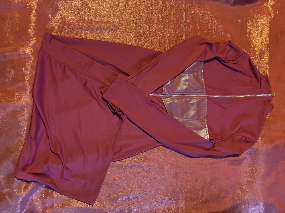 SHEIN Dress Womens M Burgundy Long Sleeve Front Zip Faux Leather Panel Bodycon